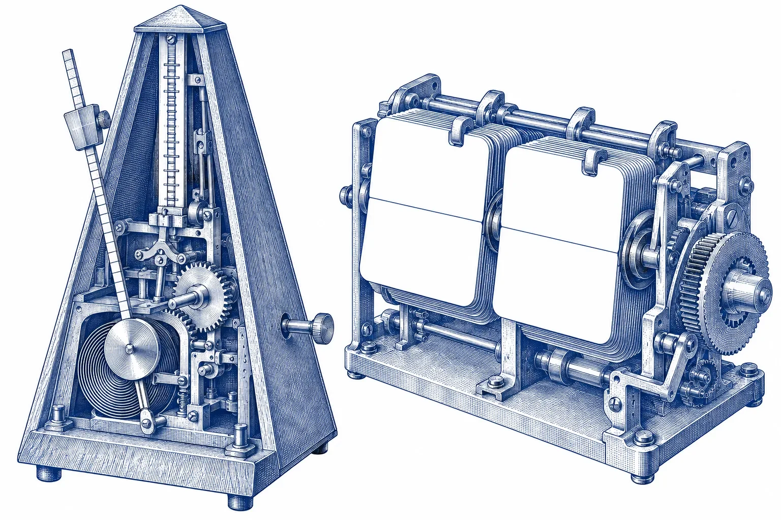 Cutaway engraving of a metronome beside a flip-calendar mechanism with blank tiles