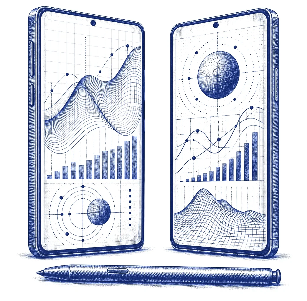 Engraving of two smartphones showing charts, with a stylus