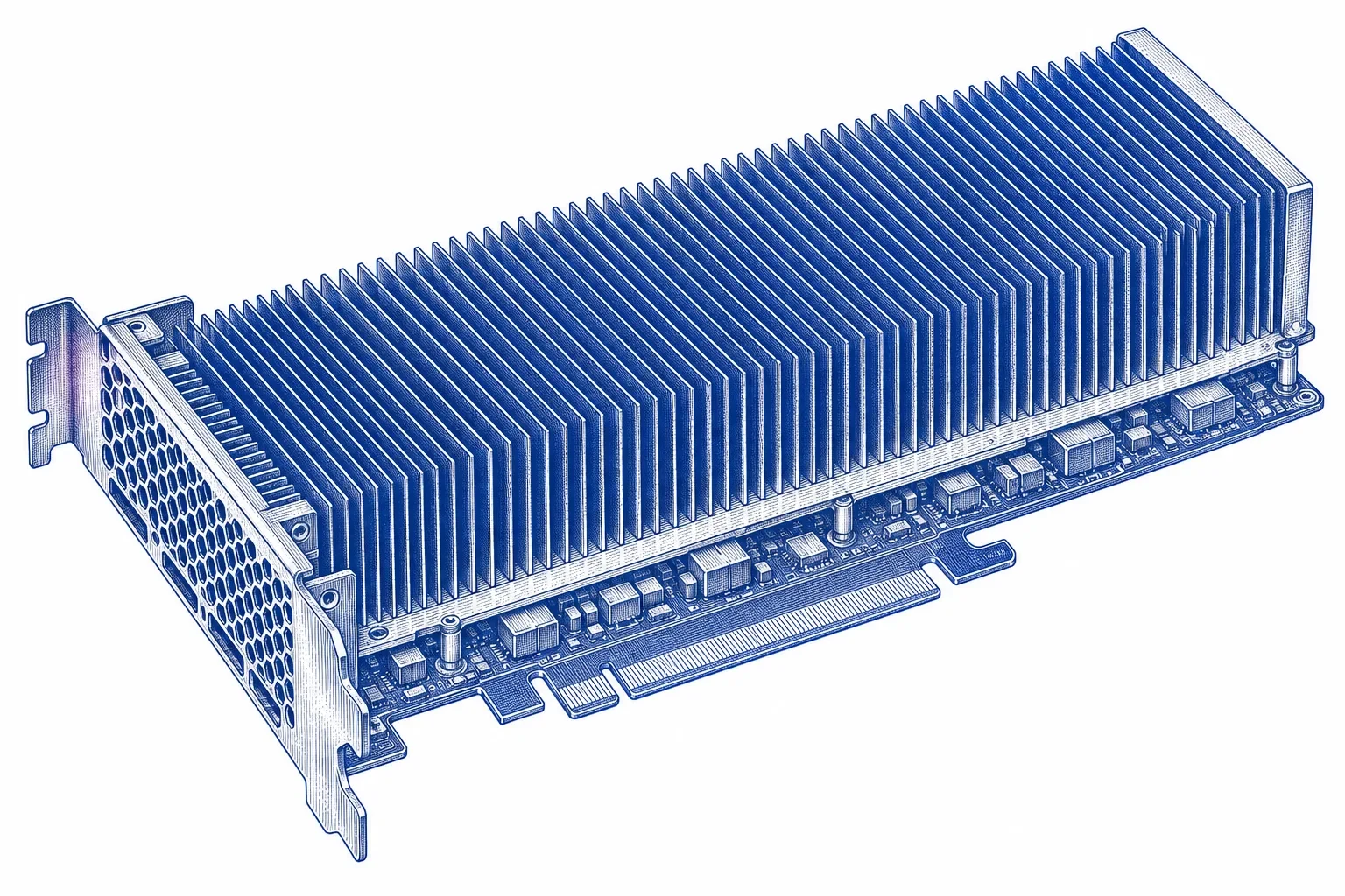 Engraving of a single PCIe data centre GPU card with a finned passive heat sink