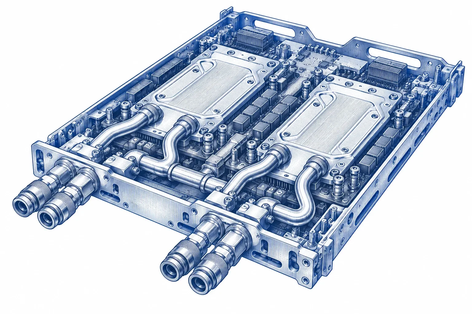 Engraving of a liquid-cooled dual-die accelerator tray with cold plates and quick-disconnect coolant fittings