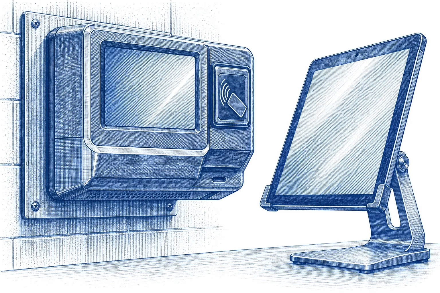 Engraving of a wall-mounted time clock terminal with a badge reader, beside a tablet on a stand