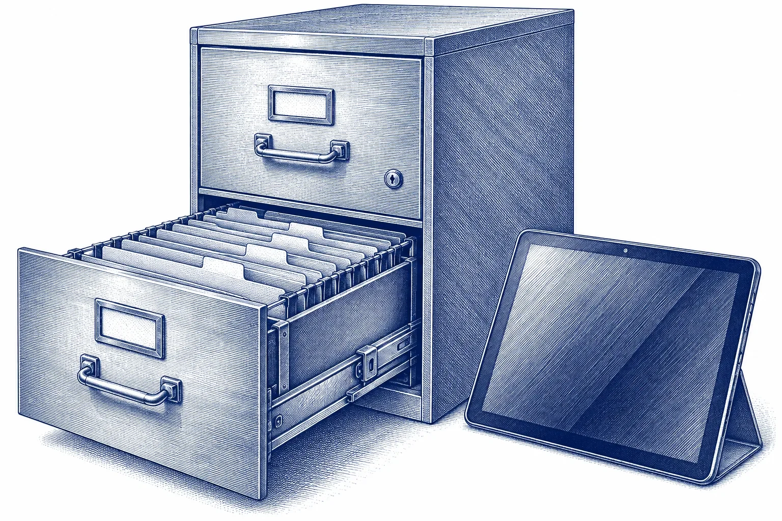 Engraving of a steel filing cabinet with one drawer open to show hanging folders, beside a tablet
