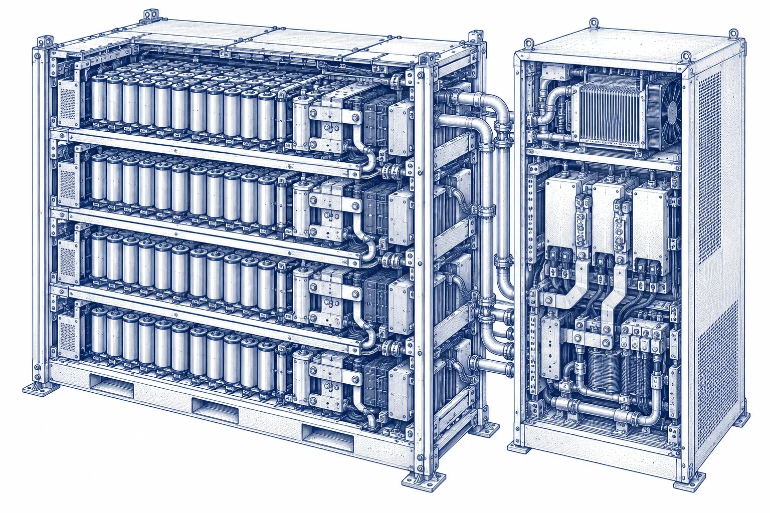 Engraving of a cutaway isometric view of a lithium-ion grid battery rack: stacked battery modules with cells exposed, busbars, cooling pipes and a power conversion cabinet beside it