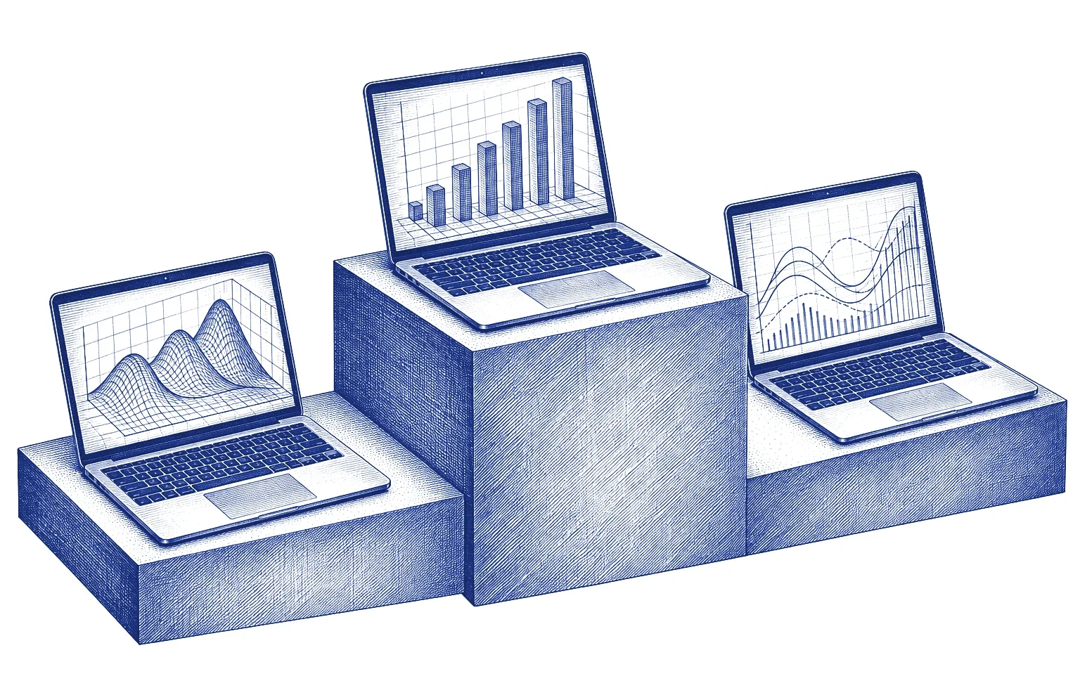 Engraving of three laptops on a stepped podium