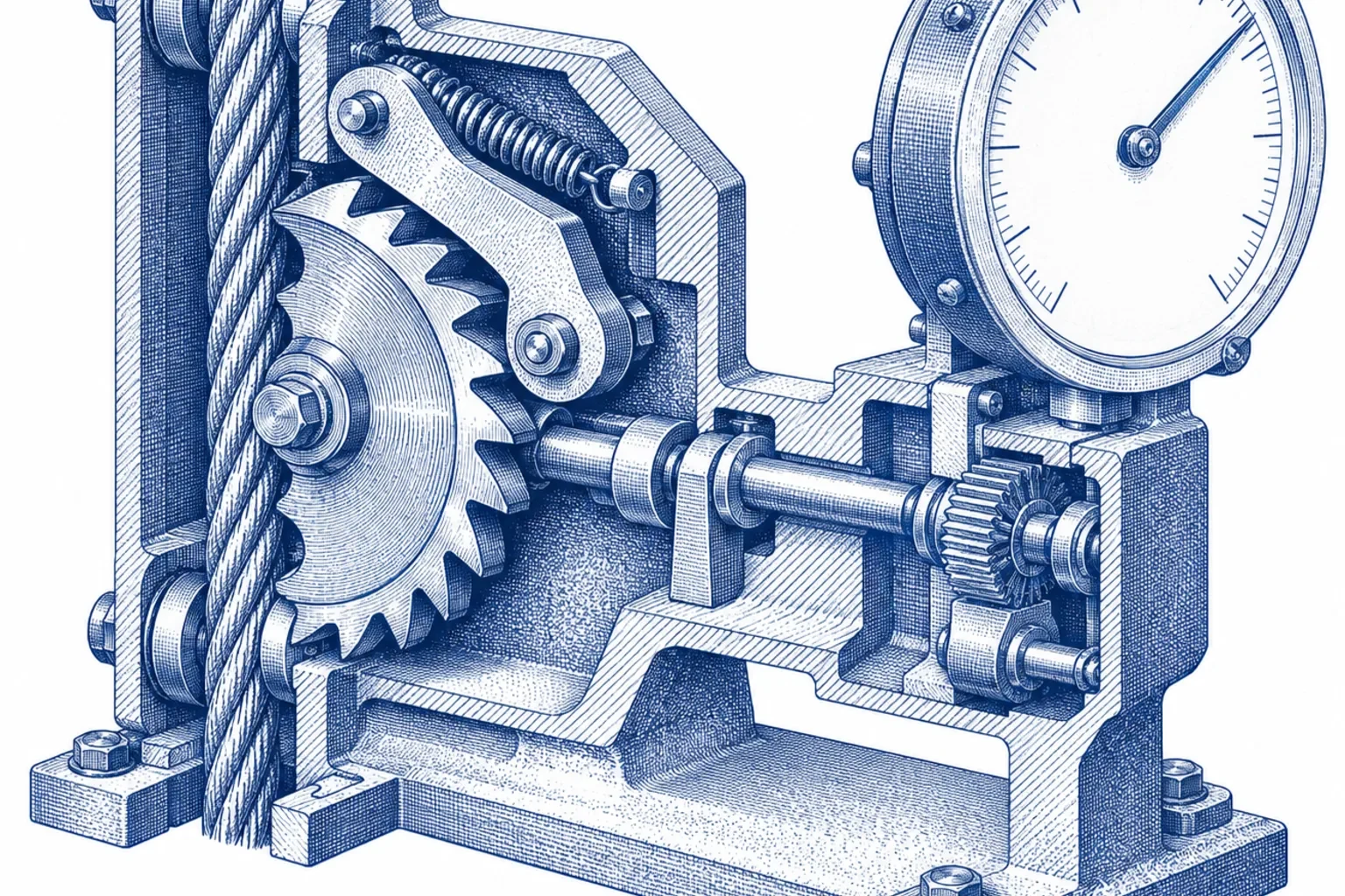Cutaway engraving of a ratchet mechanism beside a gauge with a blank dial