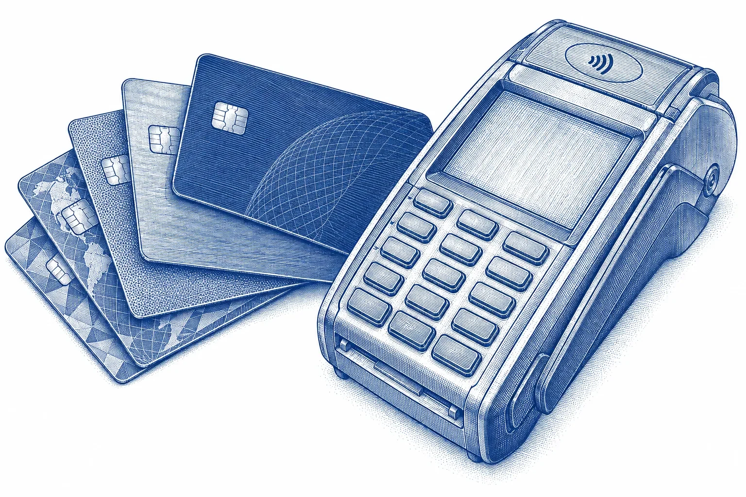 Engraving of a fan of corporate payment cards spread beside a card terminal