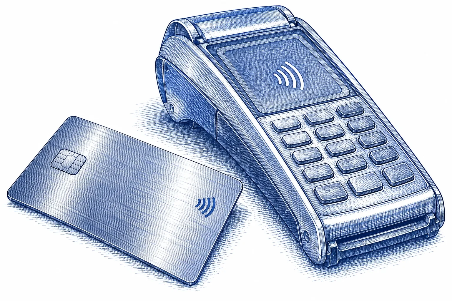 Engraving of a metal corporate card beside a contactless payment terminal