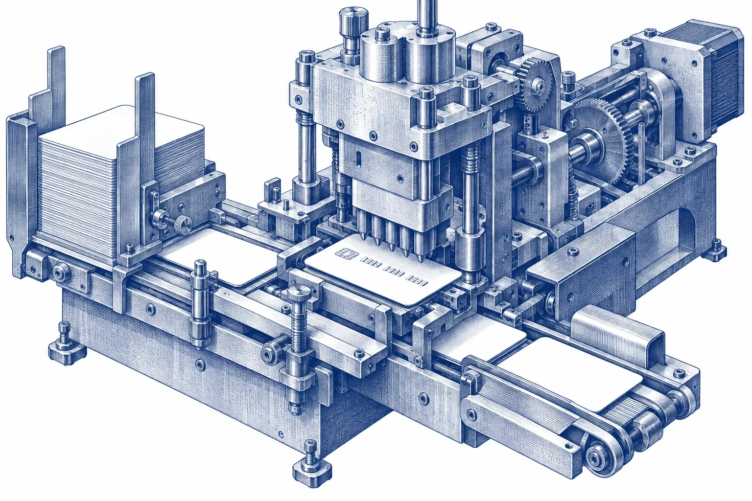 Engraving of a card personalisation machine embossing a blank payment card