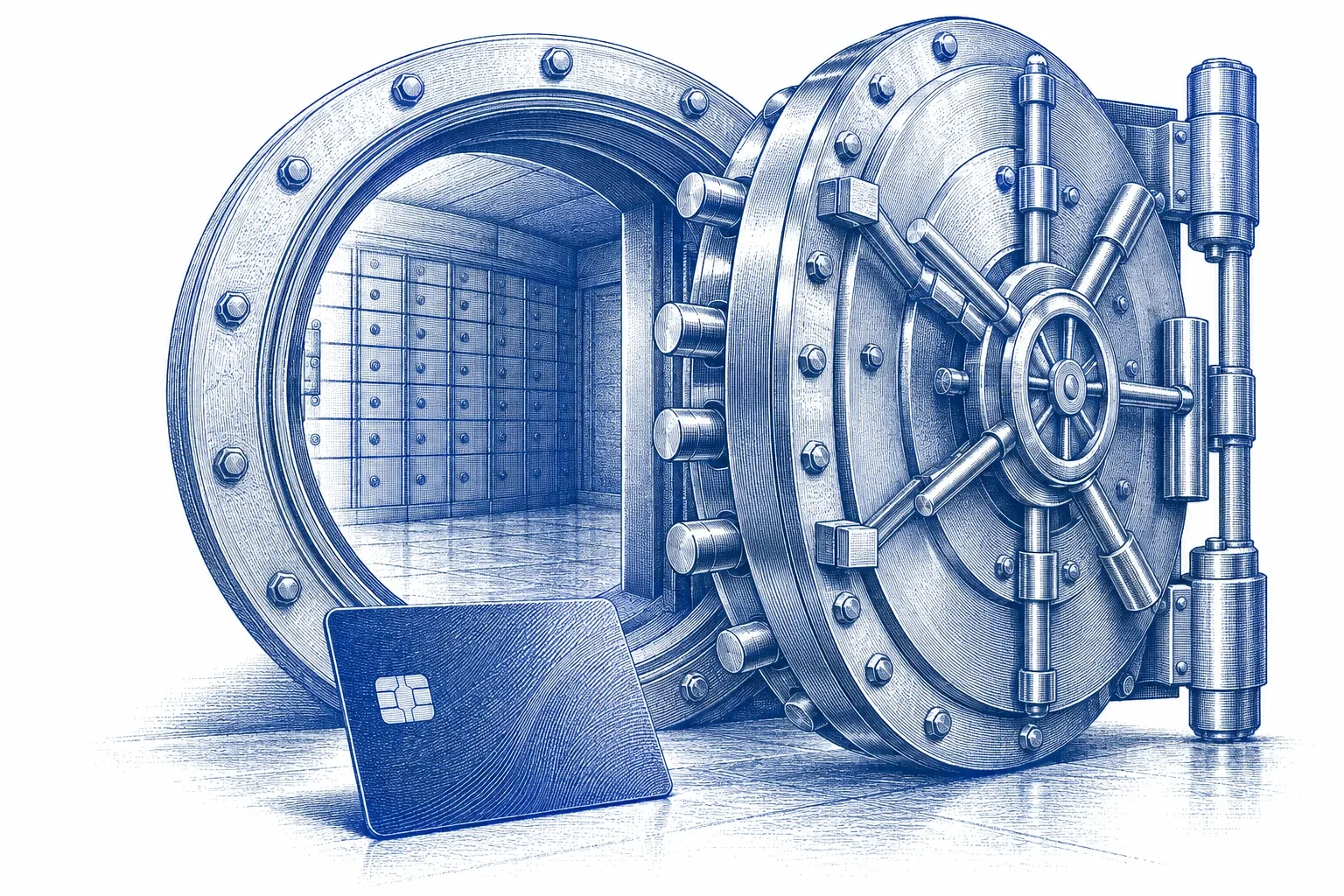 Engraving of a bank vault door standing ajar with a payment card resting in front of it
