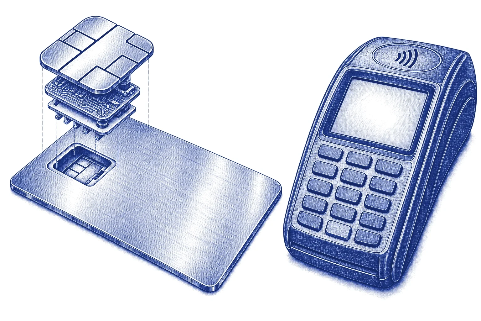 Exploded engraving of a payment card chip beside a card terminal