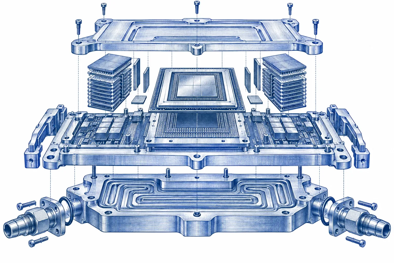 Engraving of an exploded view of a liquid-cooled AI accelerator module: the chip package, high-bandwidth memory stacks, cold plate and coolant fittings