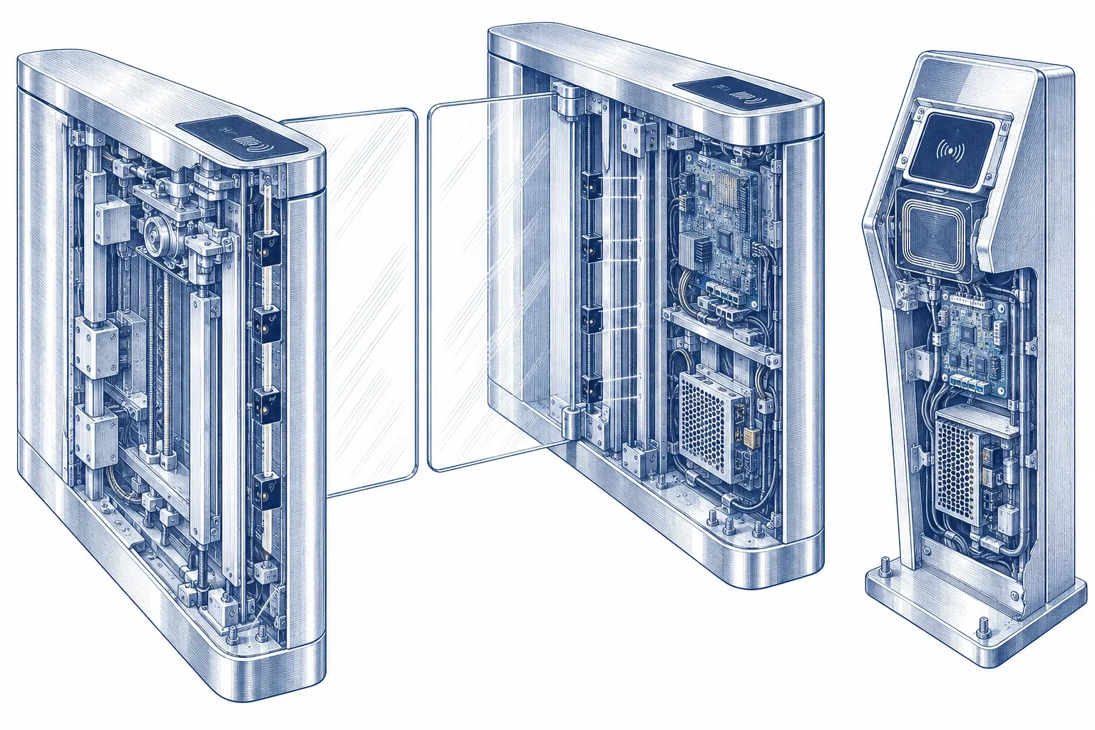 Cutaway engraving of a modern optical speed gate and contactless payment kiosk