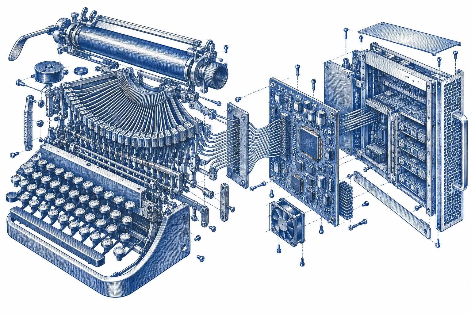 Engraving of an exploded mechanical typewriter whose type bars connect into a circuit board and server blade