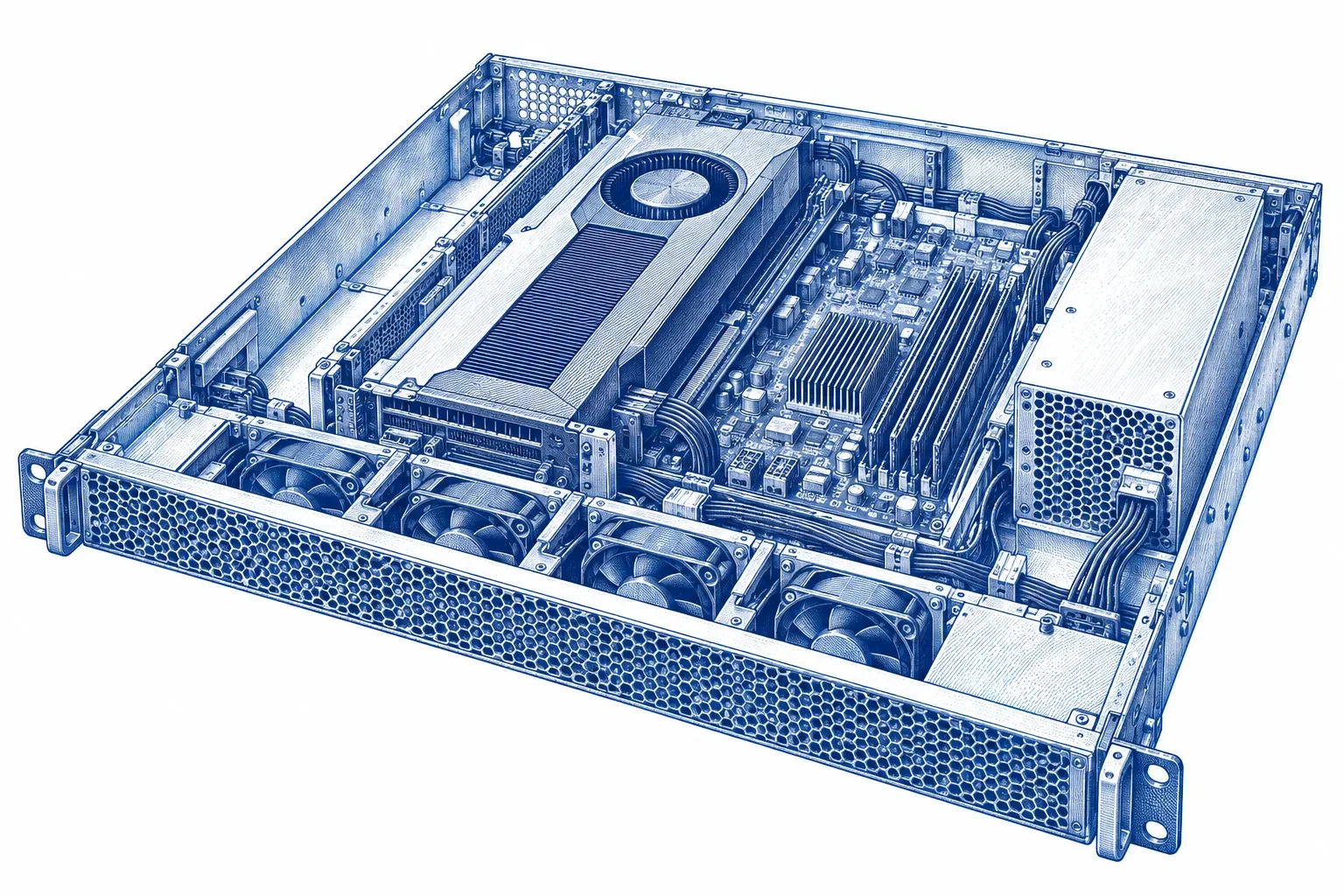 Engraving of a compact 1U edge inference server with its lid off, showing one accelerator card, fans and power supply