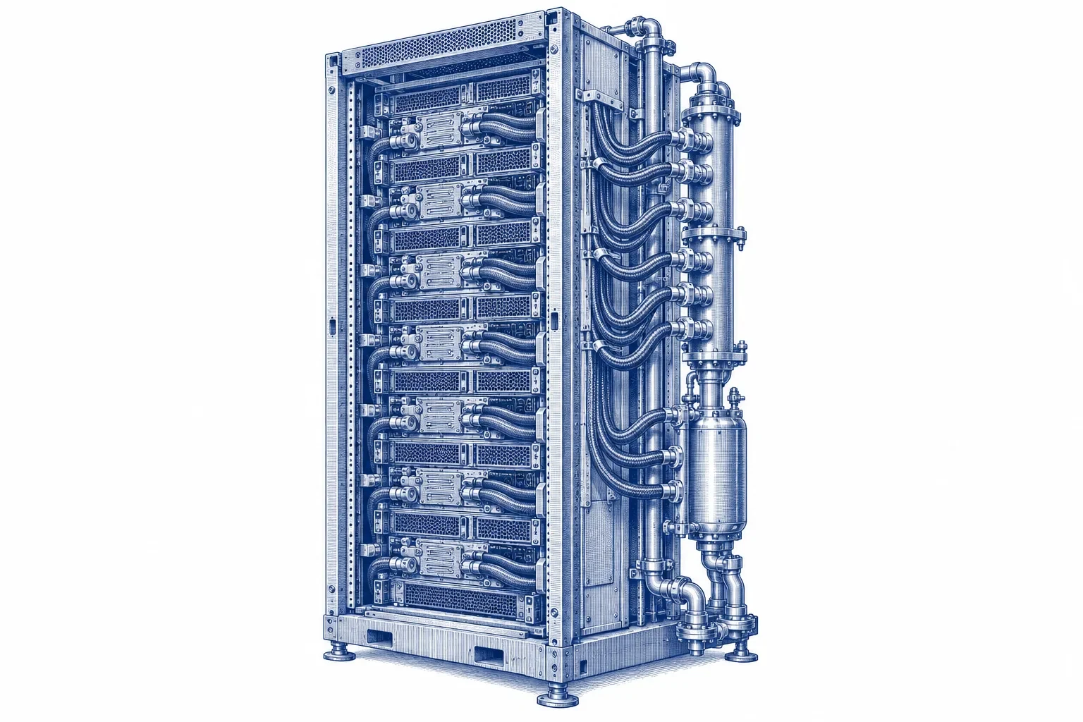 Engraving of a tall liquid-cooled AI server rack with coolant manifolds and hoses running down its side