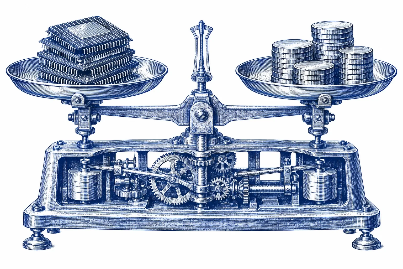 Engraving of a precision balance weighing a stack of microchips against a stack of coins, its gear mechanism exposed