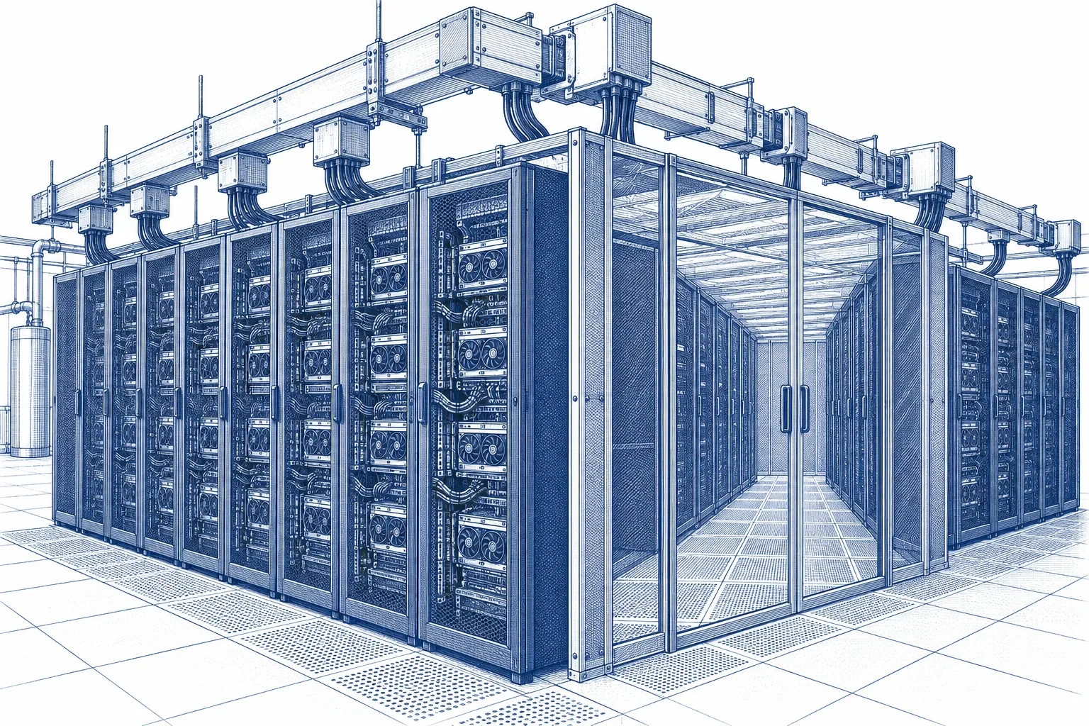 Engraving of a row of GPU server racks in a data centre with hot-aisle containment and overhead power busways