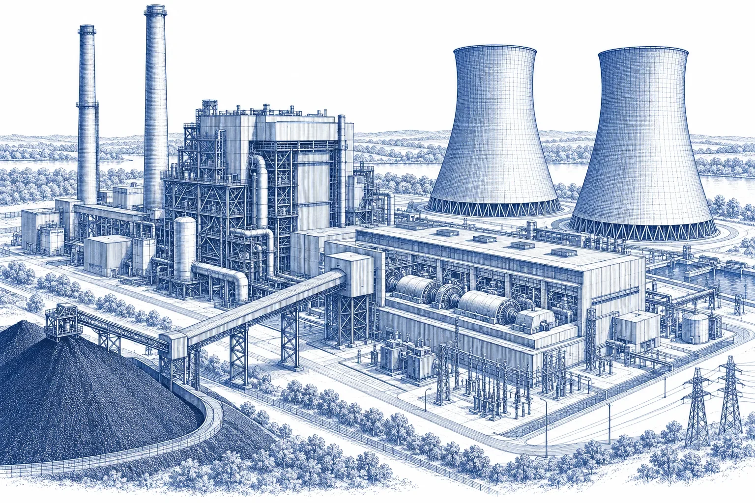 Engraving of a coal-fired power station: boiler house, turbine hall, two hyperbolic cooling towers, tall chimney stacks and a covered coal conveyor running in from a stockpile