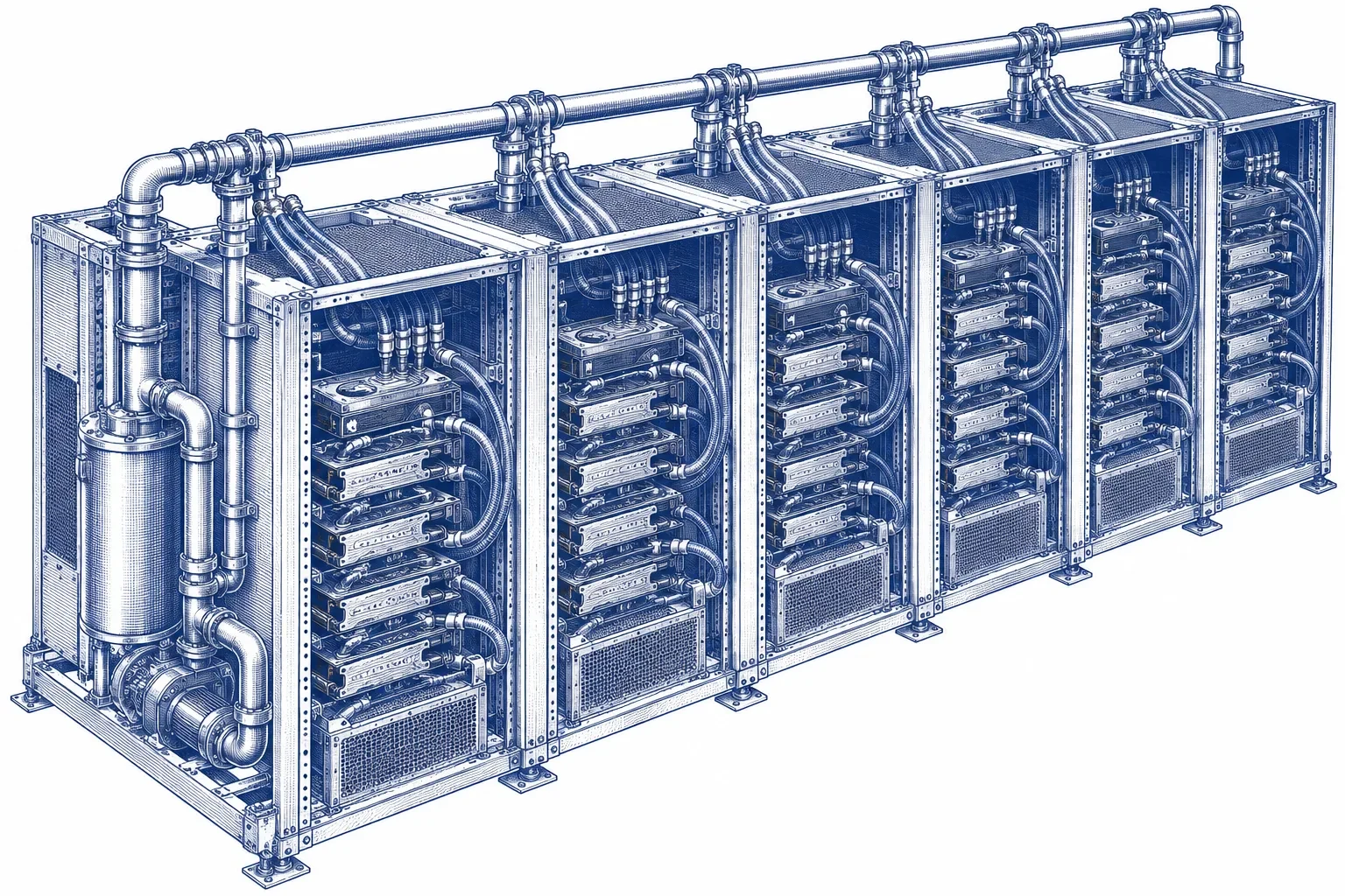 Engraving of liquid-cooled GPU racks with coolant manifolds and hoses
