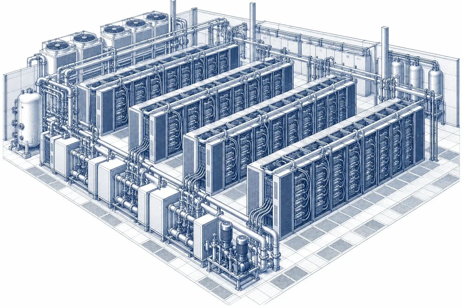 Engraving of a large GPU cluster hall with rows of liquid-cooled racks and cooling distribution units
