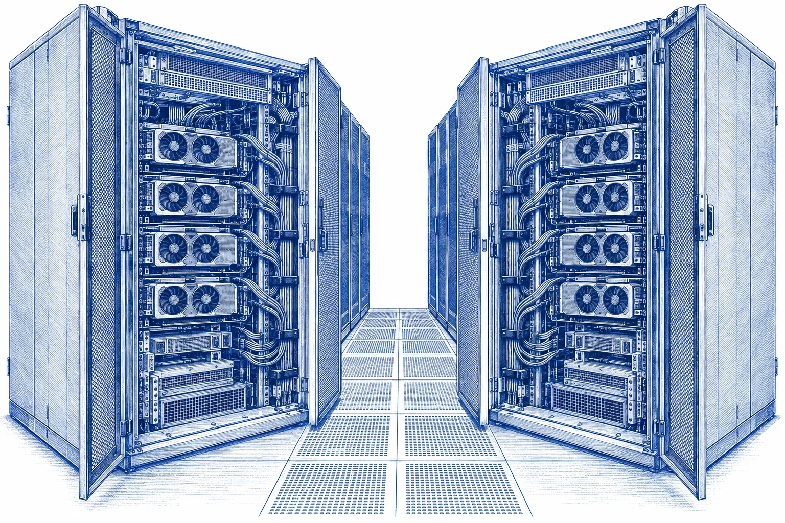 Engraving of two open server racks facing each other across an aisle