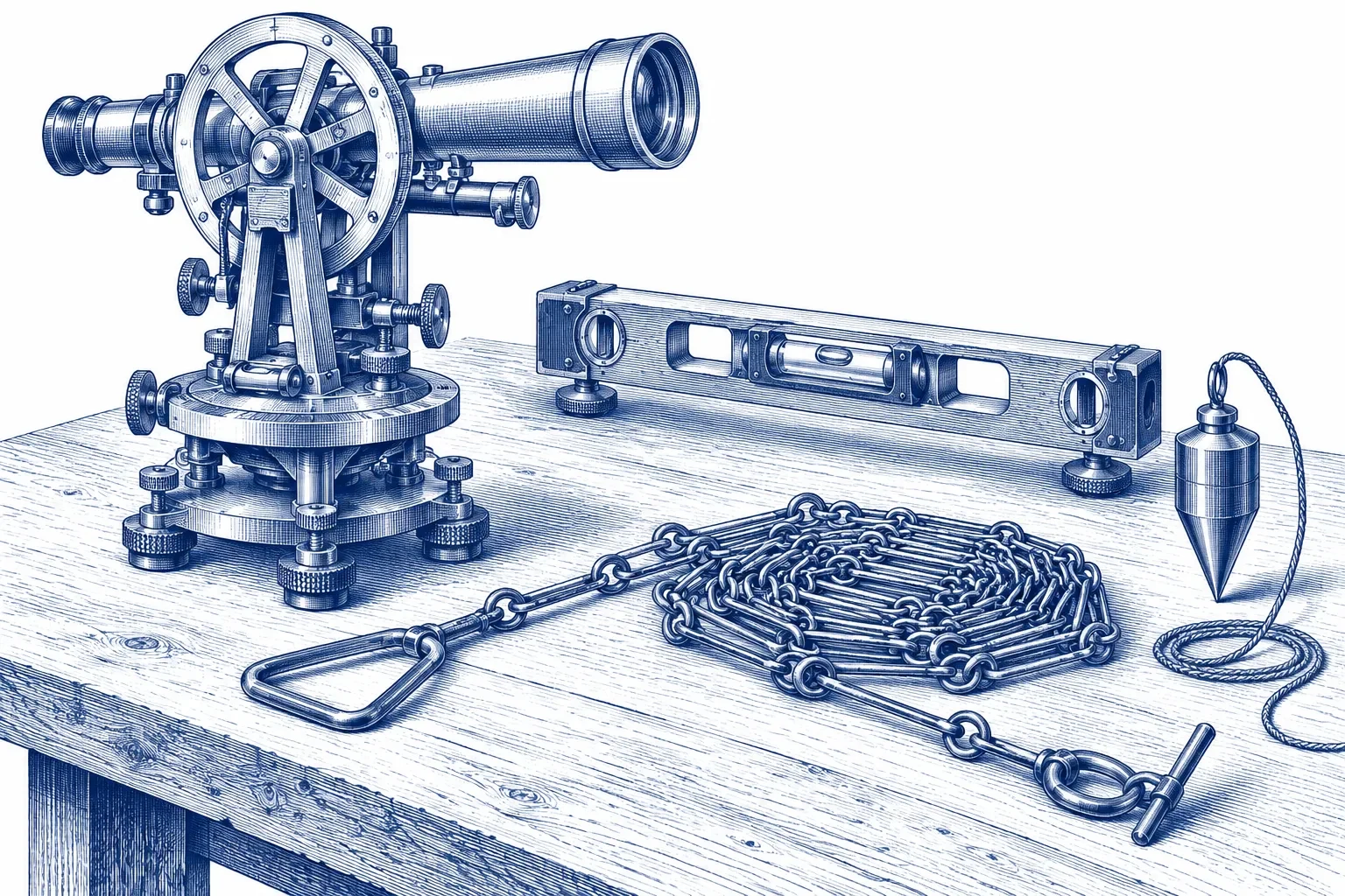 Engraving of surveying instruments including a theodolite, level and plumb bob