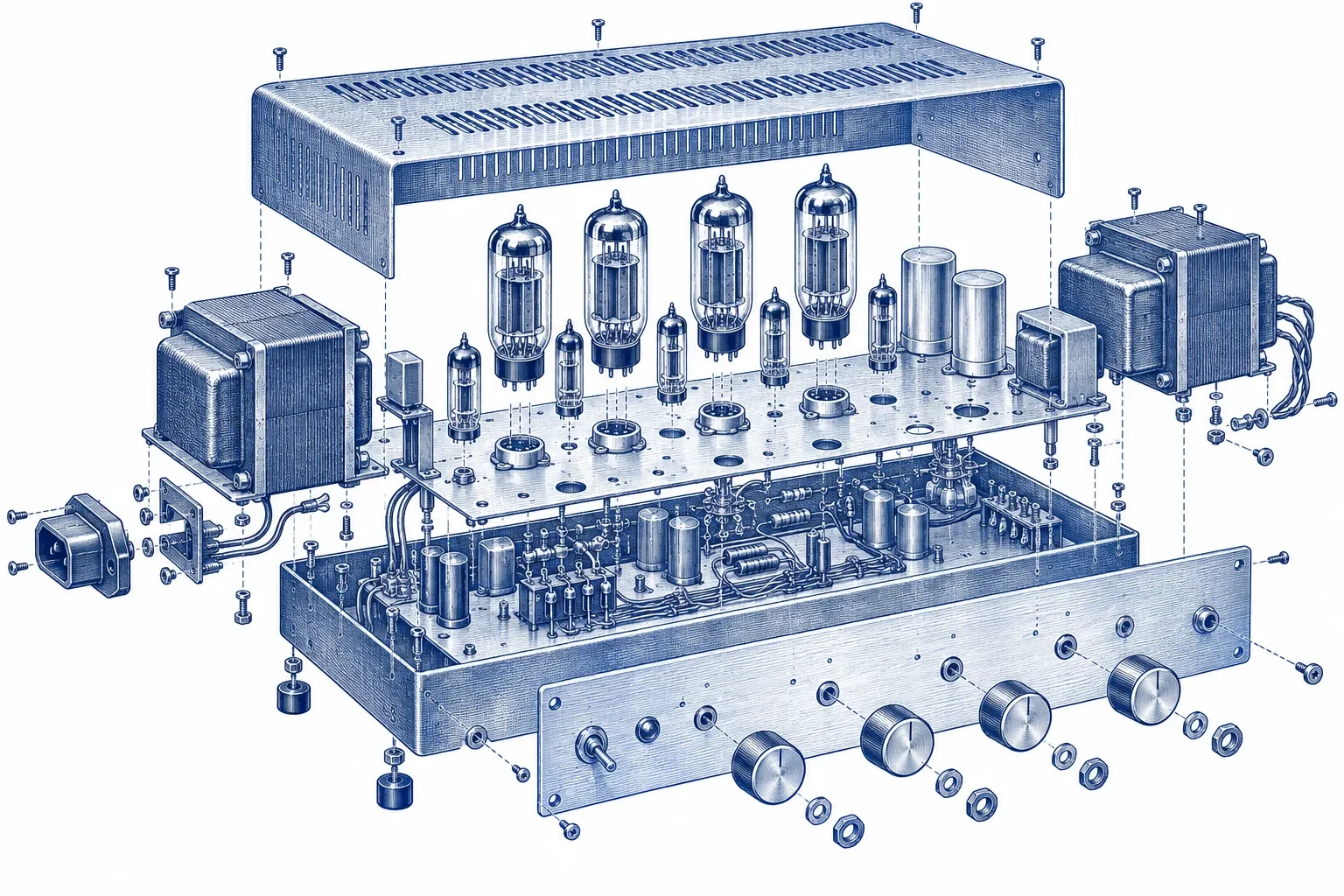 Exploded engraving of a valve amplifier with transformers and blank dials