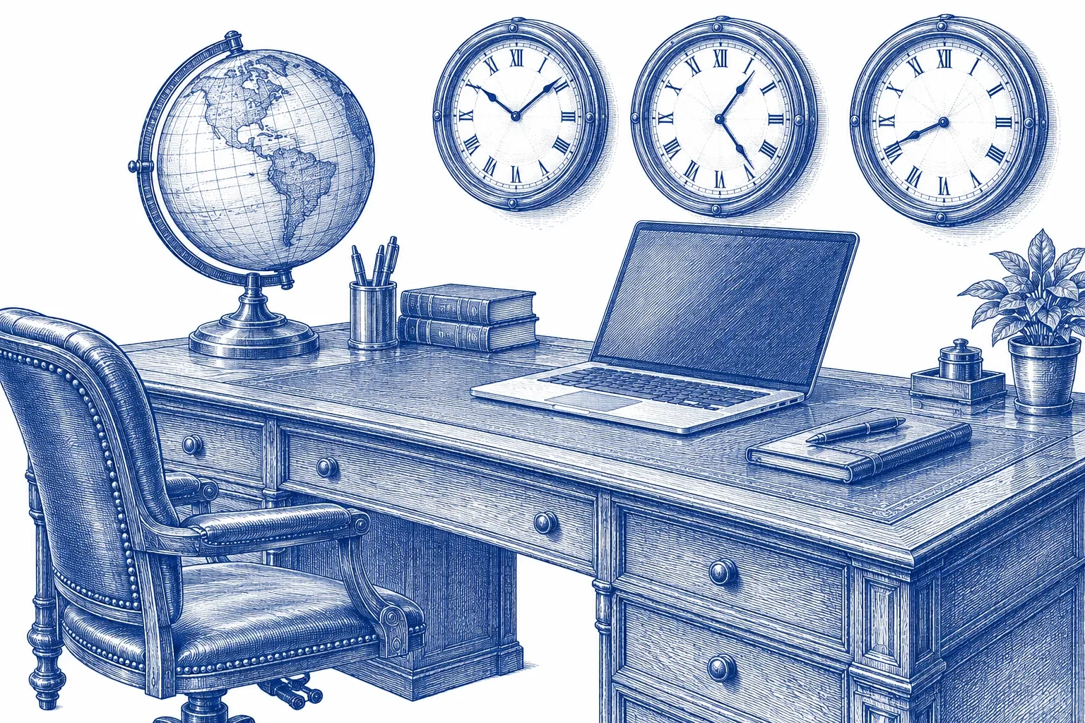 Engraving of a desk with a globe, three wall clocks and a laptop