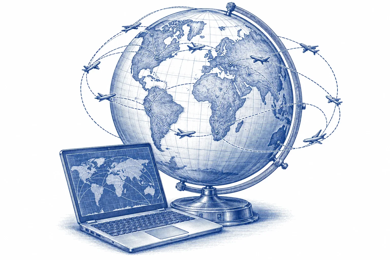 Engraving of a globe with arcing flight routes between continents and a laptop at its base