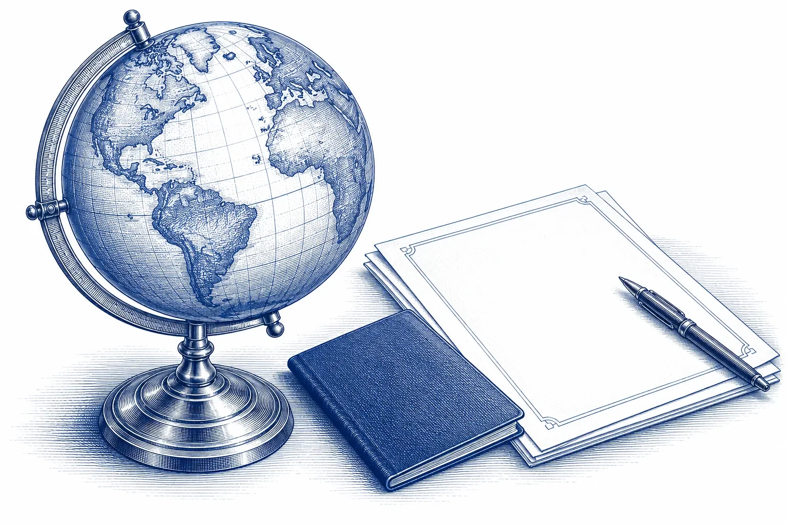Engraving of a globe beside a closed passport and blank contract papers