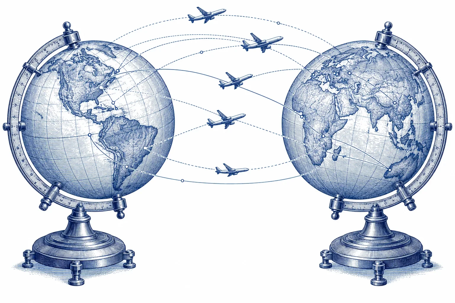 Engraving of two globes joined by curved flight paths