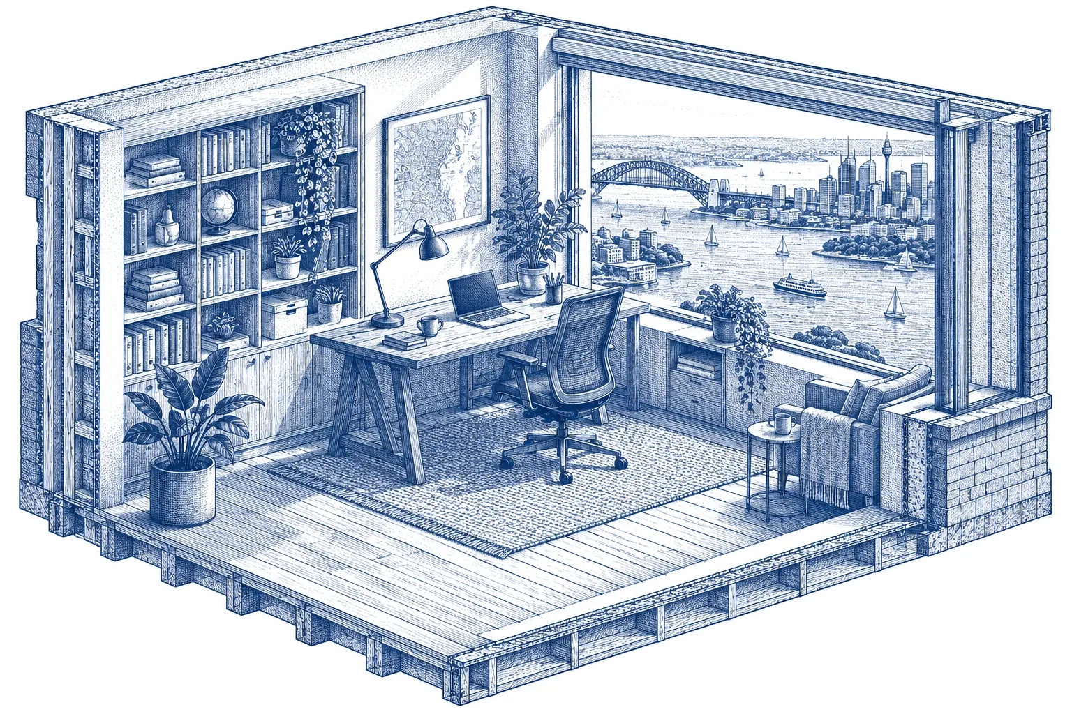 Cutaway engraving of a home office overlooking a harbour city