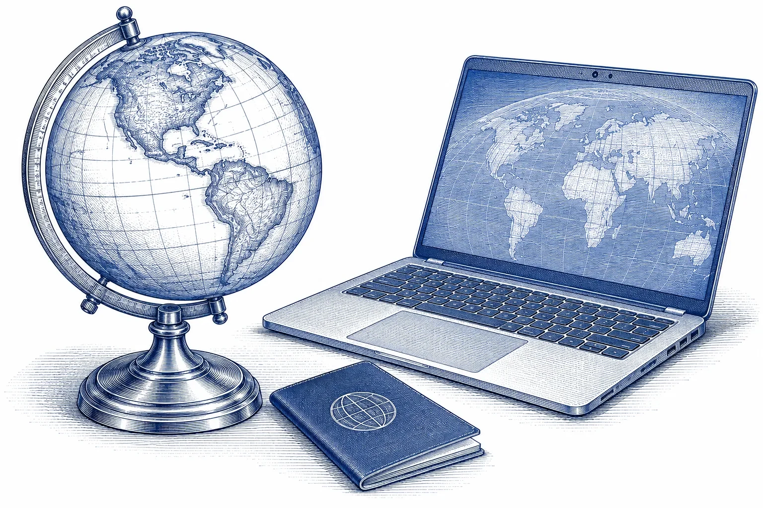 Engraving of a desk globe on a stand beside an open laptop and a passport