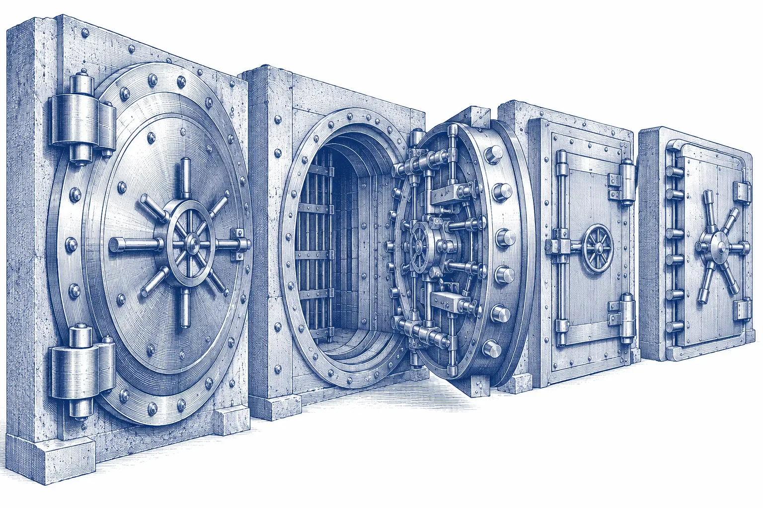 Engraving of bank vault doors with an exposed bolt mechanism