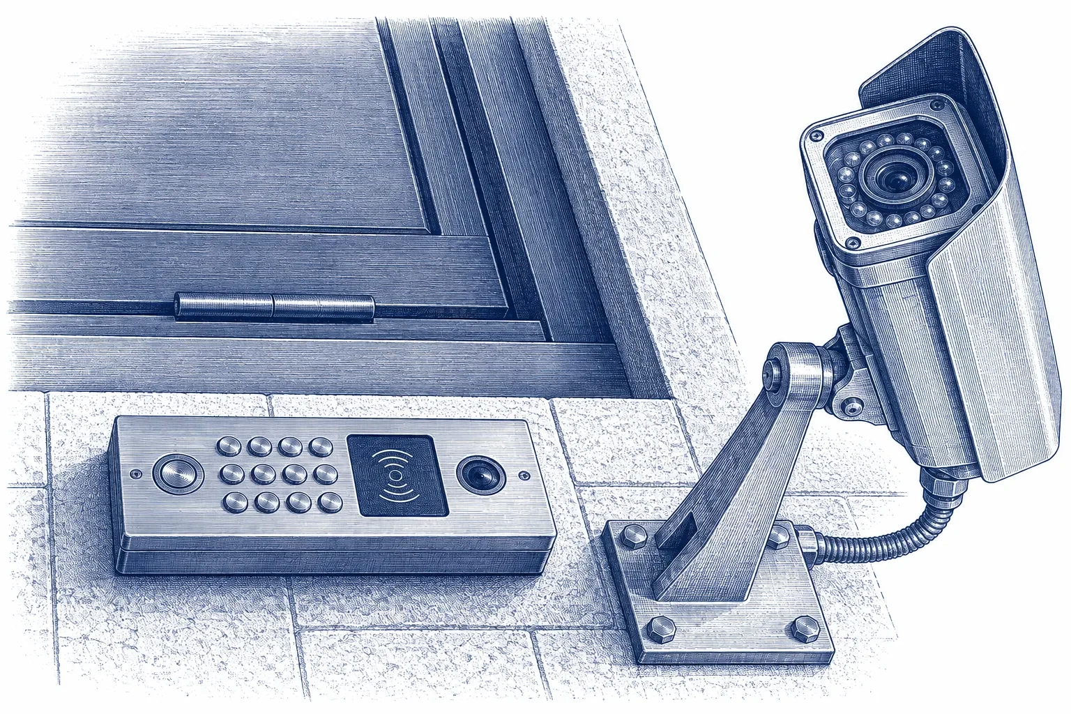 Engraving of a surveillance camera on a bracket above a door access control panel