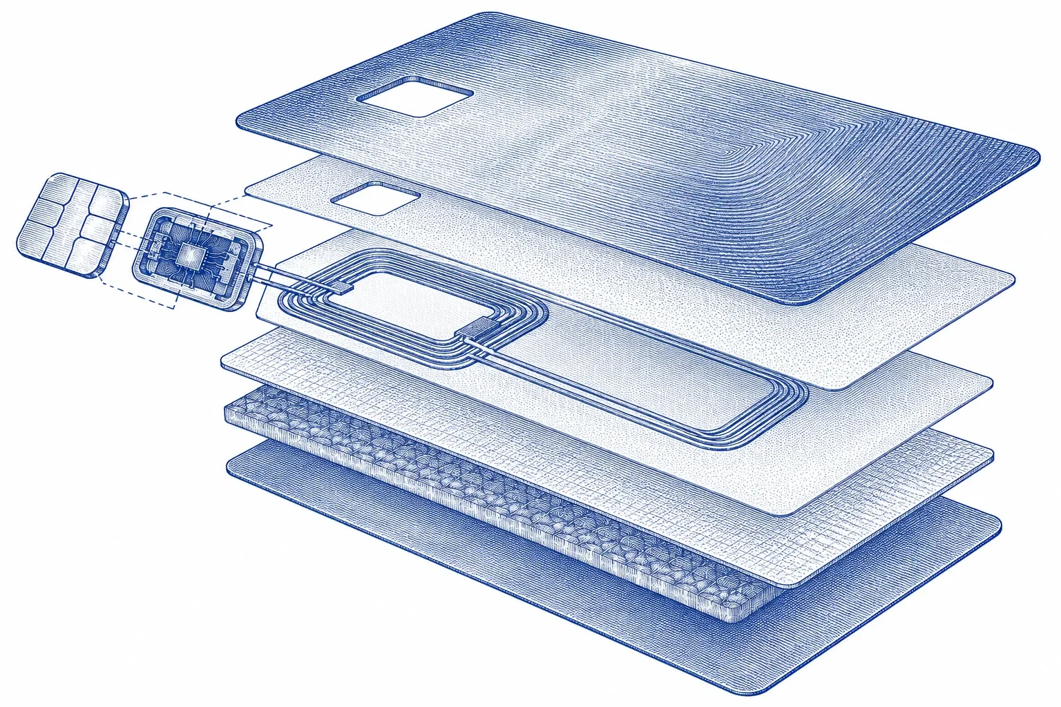 Exploded engraving of a payment card showing its chip, antenna and layers