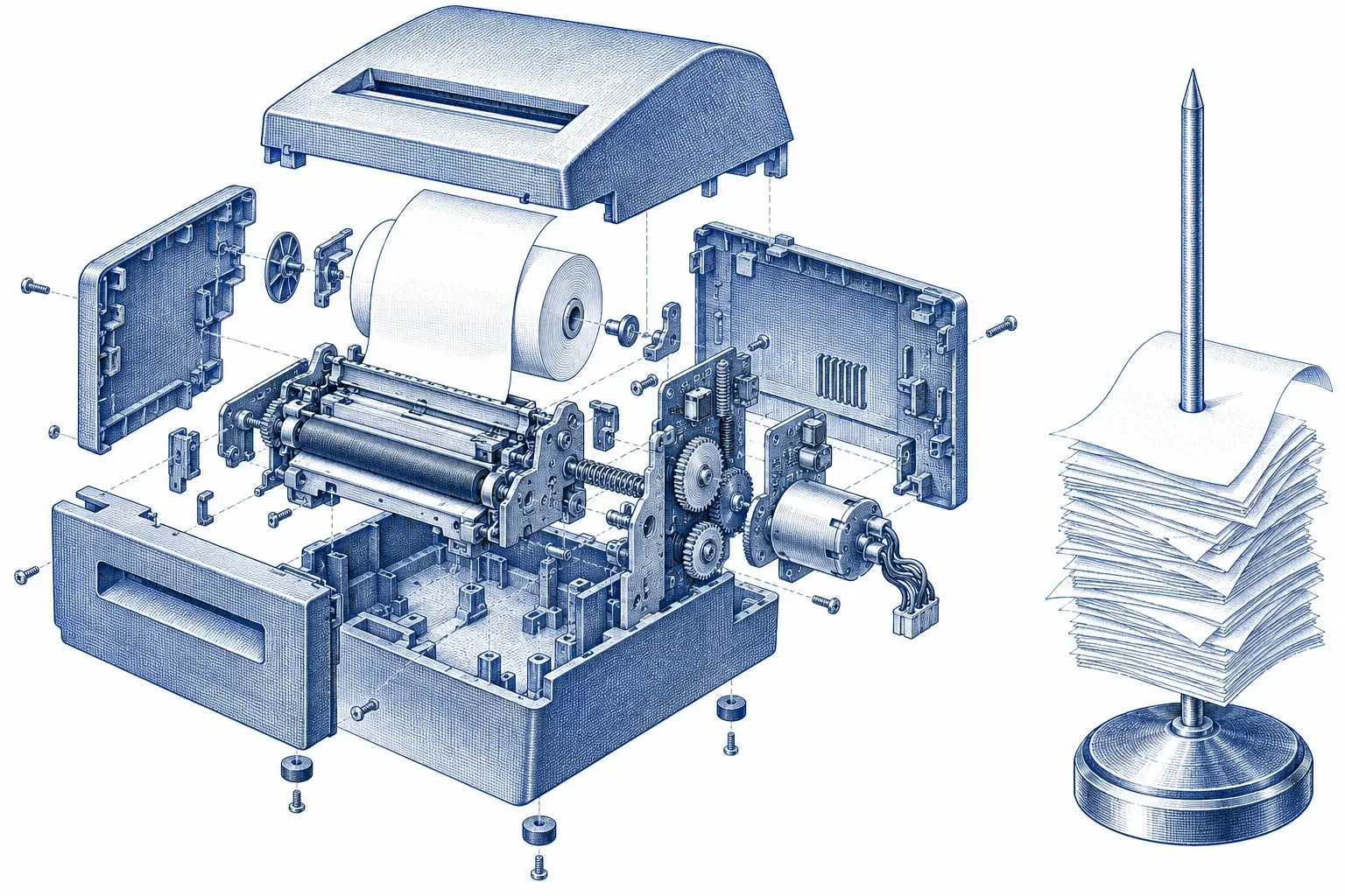 Exploded engraving of a receipt printer beside a spike holding blank receipts