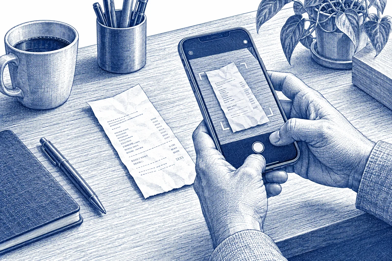 Engraving of a smartphone photographing a paper receipt lying on a desk