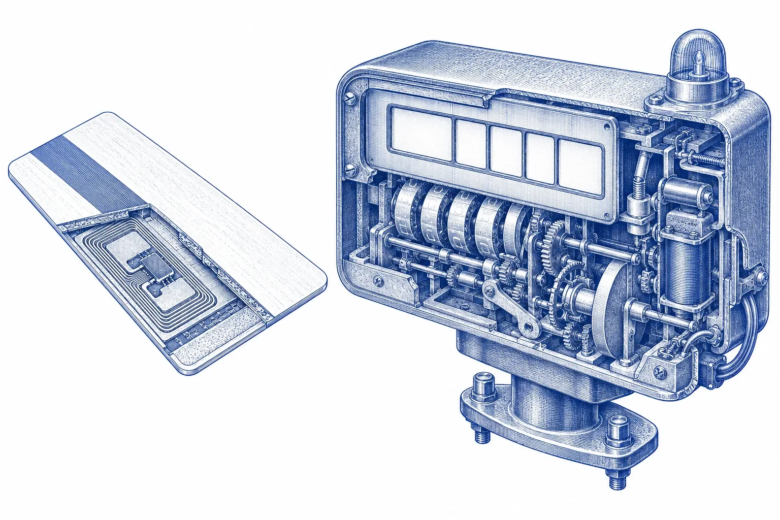 Cutaway engraving of a taxi meter beside a hotel key card