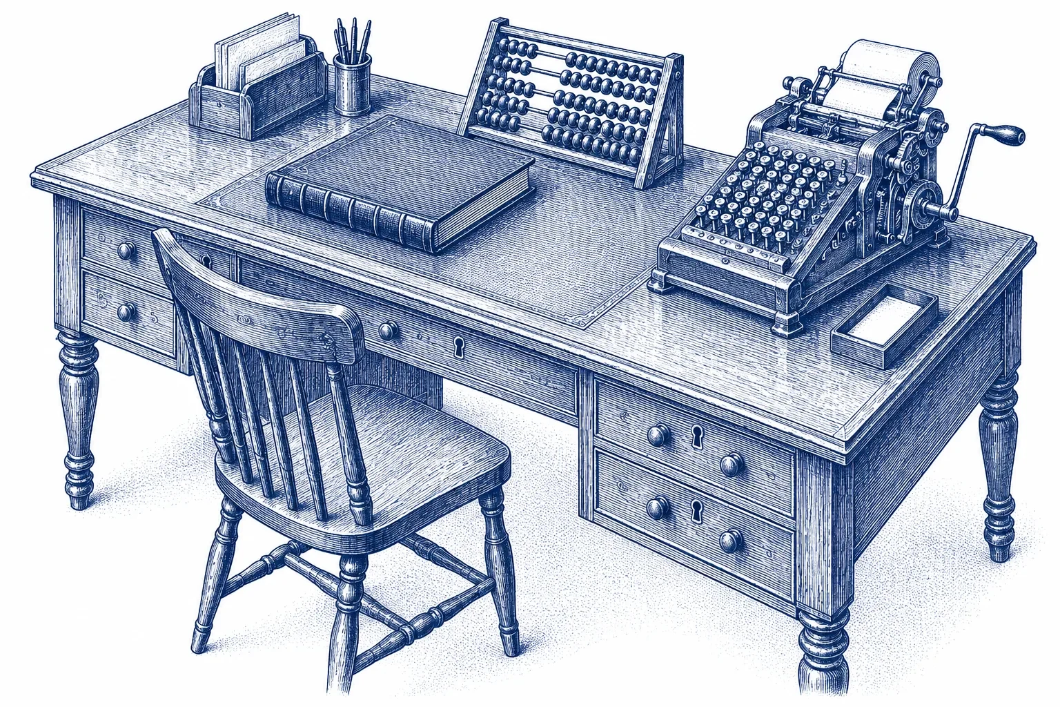 Engraving of an accountant's desk with a ledger, abacus and adding machine