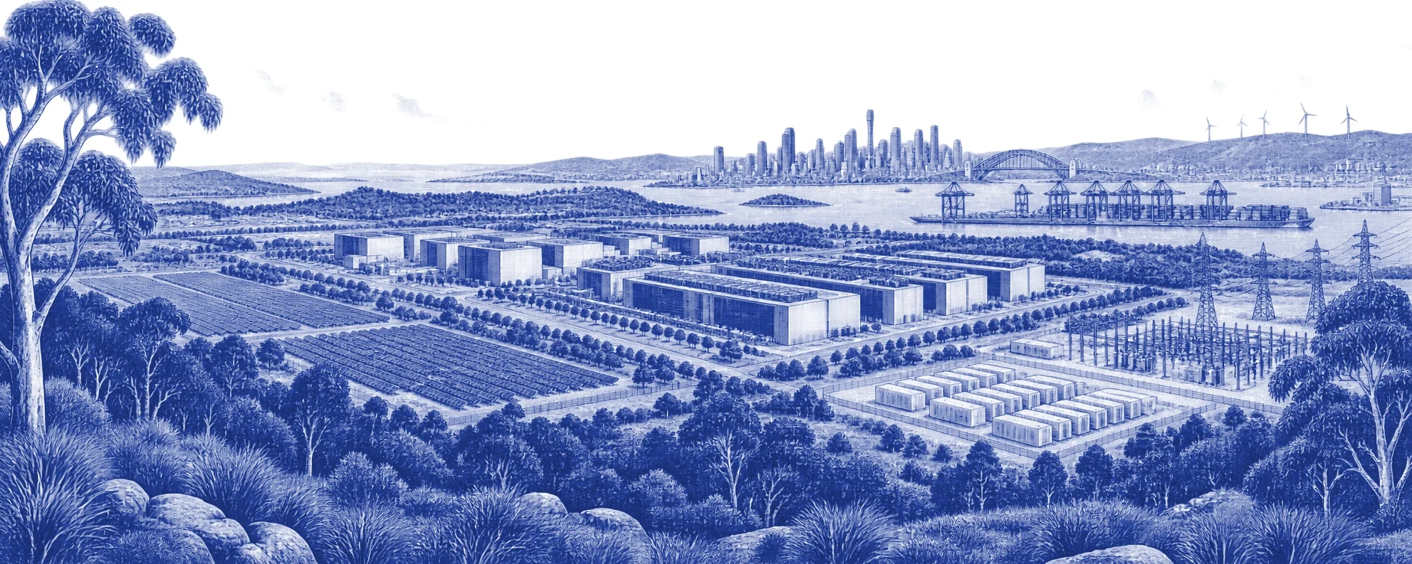 Engraving of a valley holding a data centre campus, a solar farm, a battery yard and a substation, with a harbour city beyond