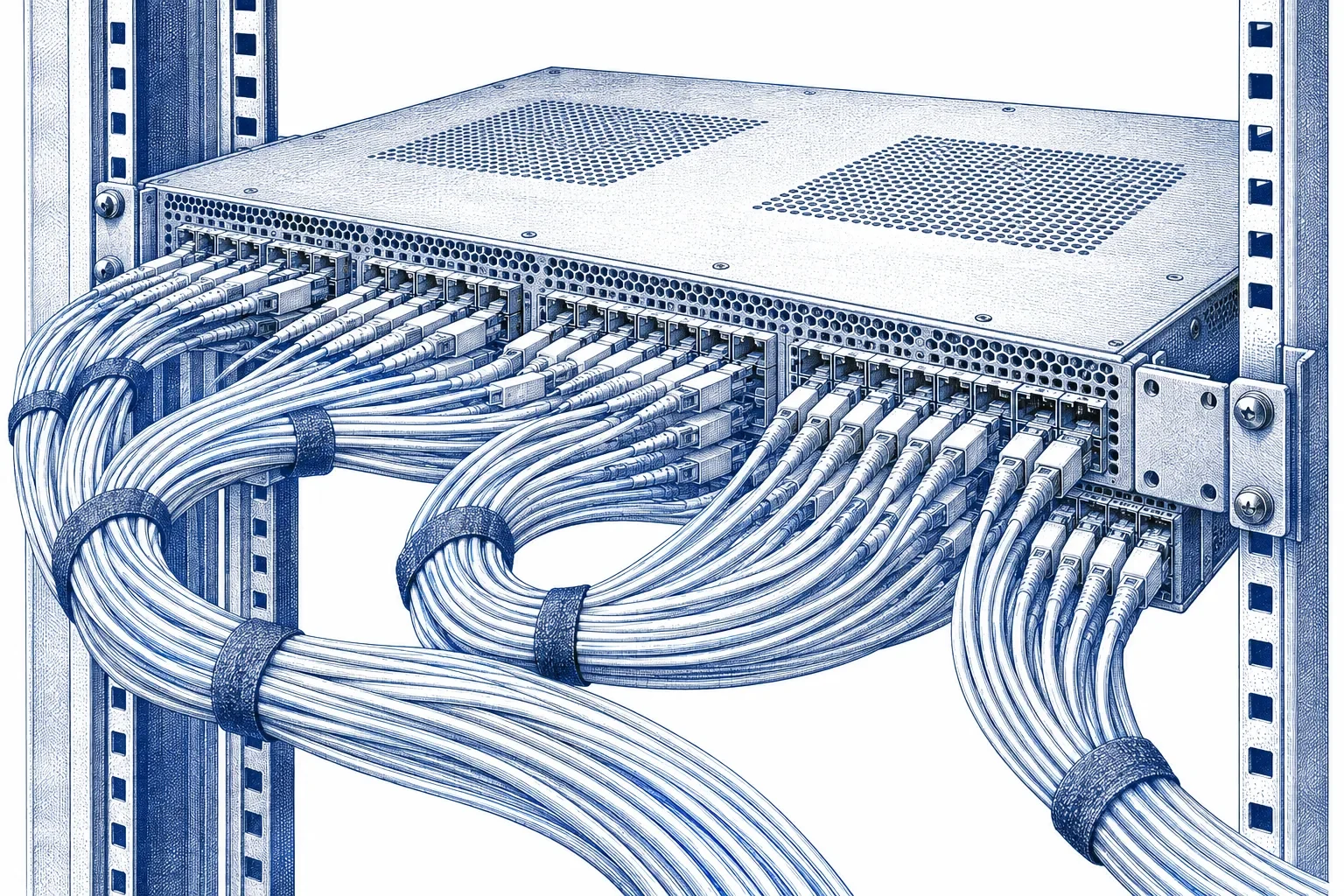 Engraving of a rack-mounted network switch with dense bundles of fibre-optic cables plugged into its ports
