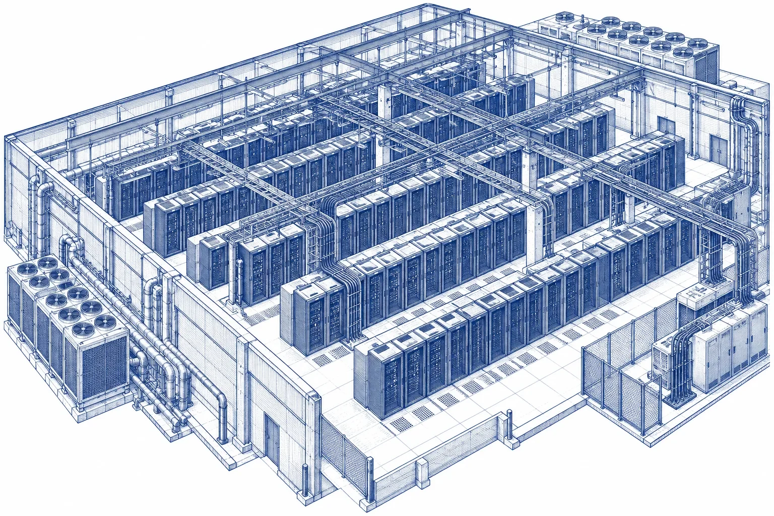 Engraving of a hyperscale data centre hall with long aisles of server racks and overhead cable trays