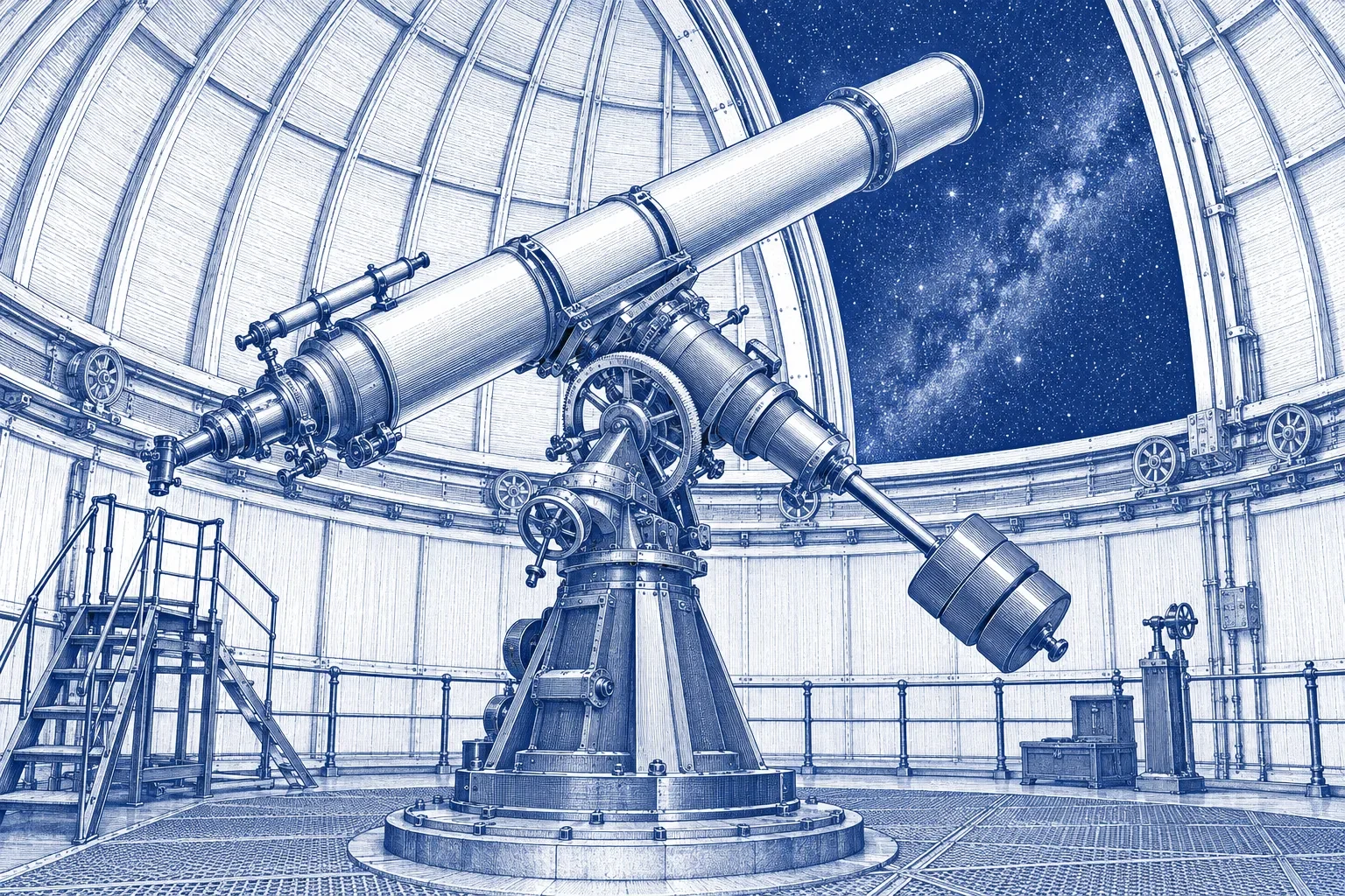 Engraving of an observatory telescope with its mount, gears and counterweights