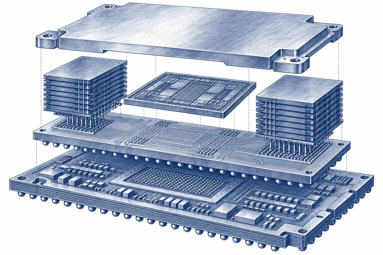 Exploded engraving of an AI accelerator package showing its die, memory stacks and heat spreader