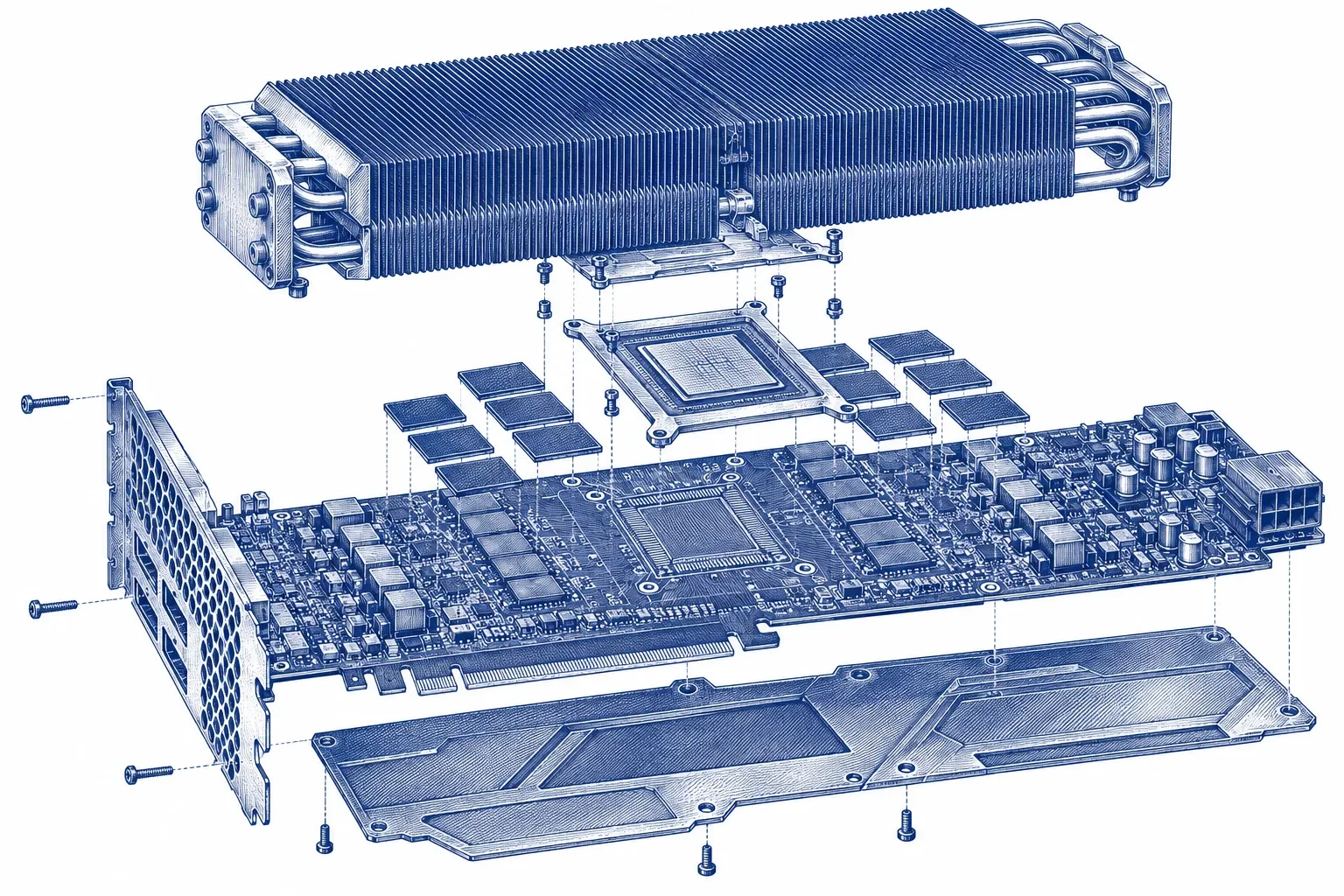 Engraving of an exploded view of an inference accelerator card: the silicon die, circuit board, memory chips and cooling fin stack