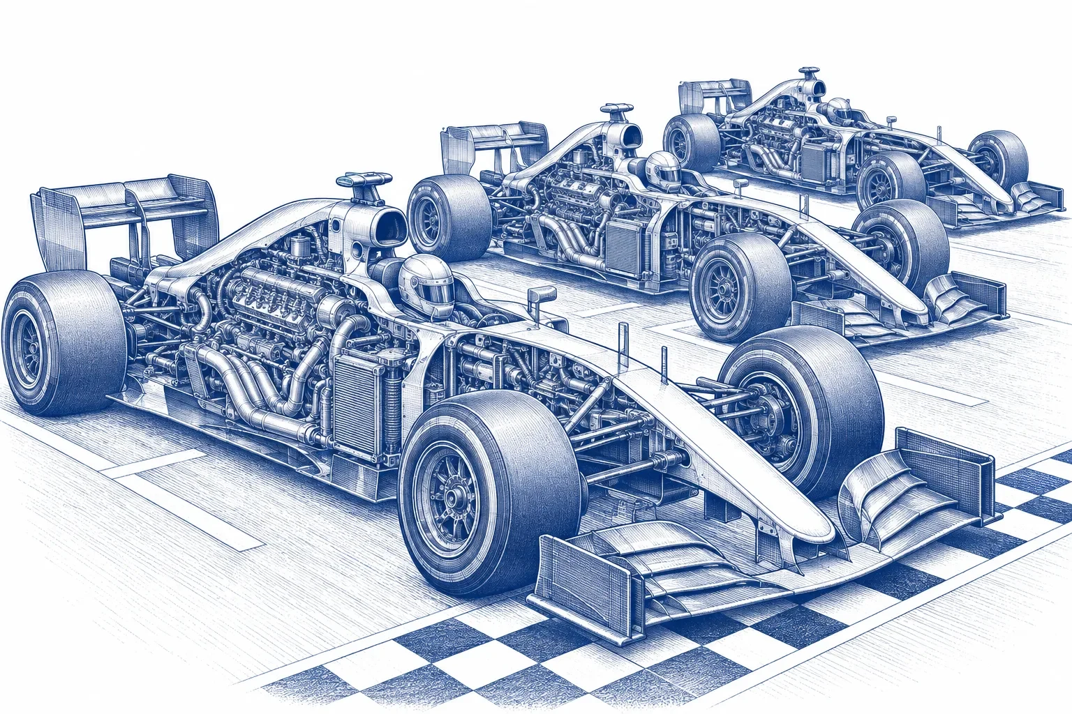 Engraving of streamlined race cars at a starting line with their engines exposed