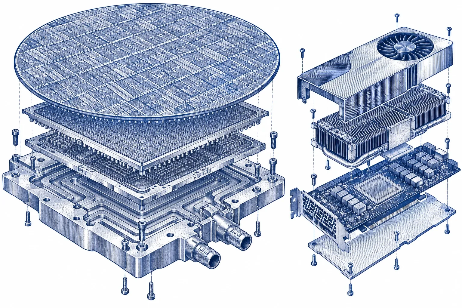 Exploded engraving of a wafer-scale processor beside an inference accelerator card