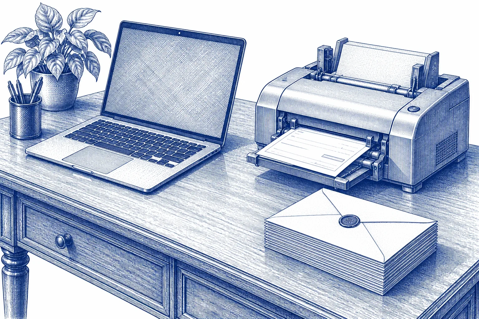 Engraving of a desk with a laptop, a cheque printer and a neat stack of sealed envelopes
