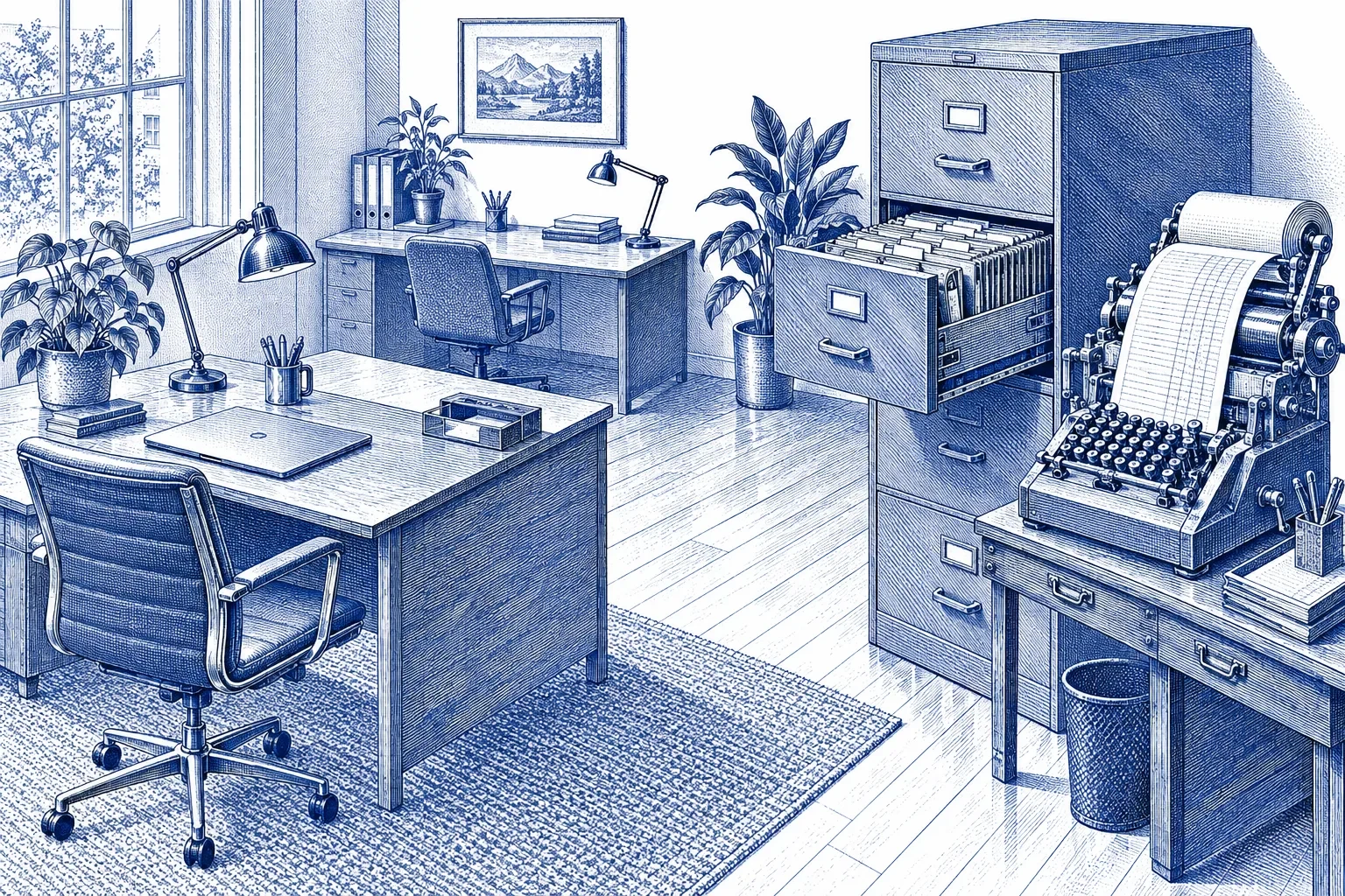 Engraving of a small office with a filing cabinet and payroll machine